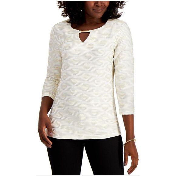 JM Collection Petite Keyhole Jacquard Top Eggshell Silver Combo PS - Picture 1 of 1